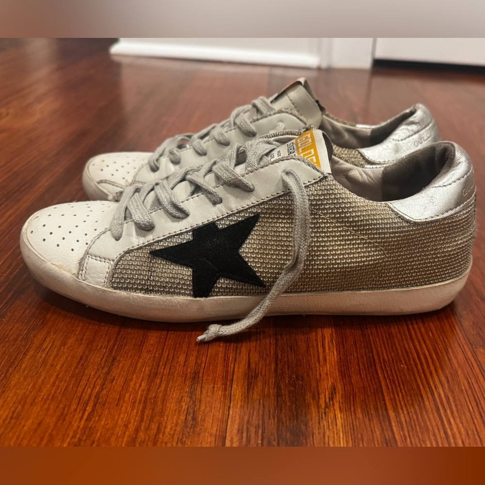 Golden Goose Silver and Black Woven Sneakers